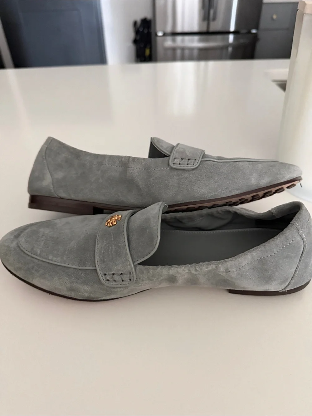Tory Burch Blue Suede Loafers with Gold Logo